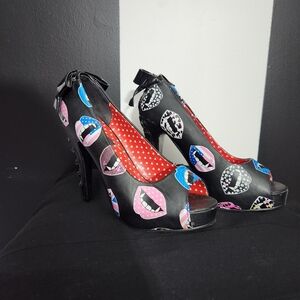 Iron Fist Black Heels with Colorful Lips Design